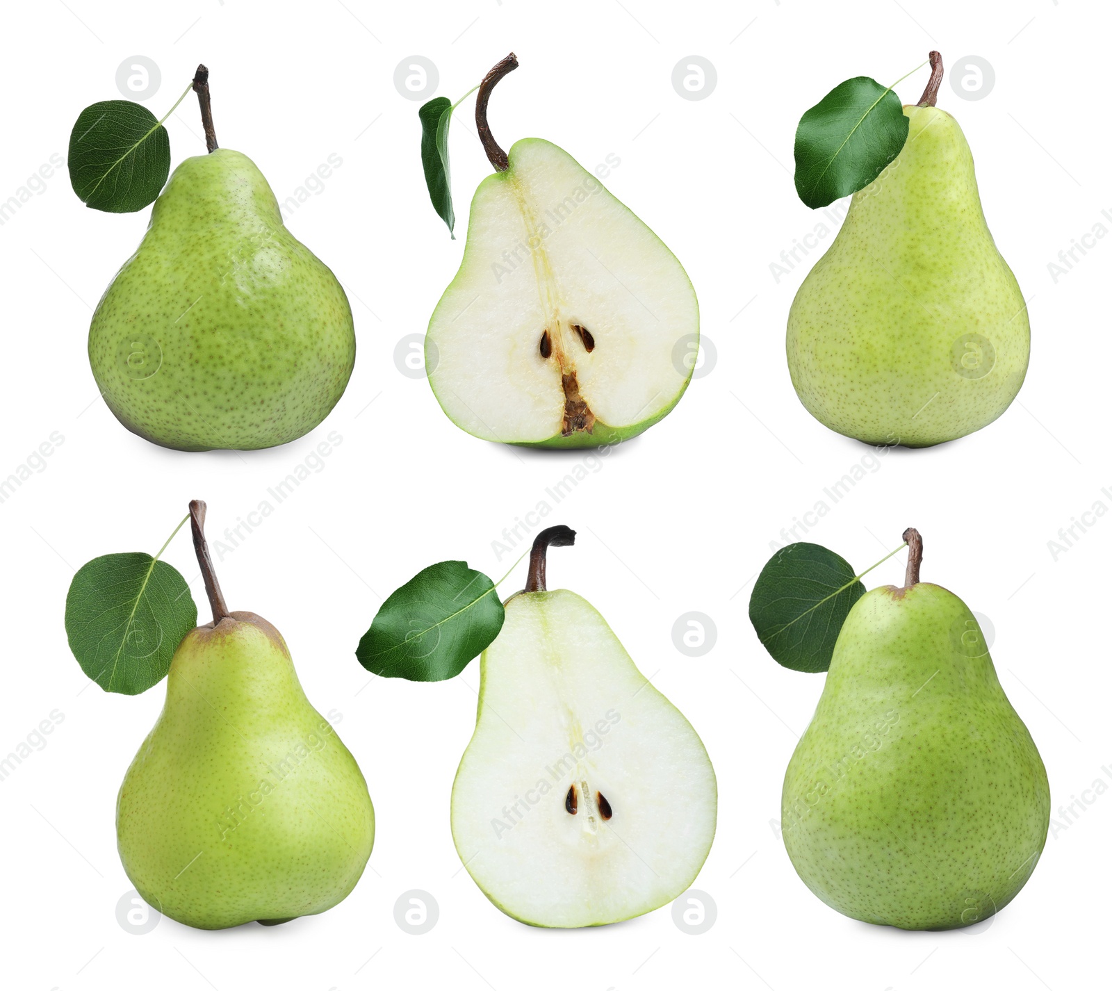 Image of Set with tasty ripe pears on white background 