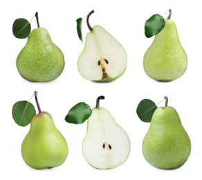 Image of Set with tasty ripe pears on white background 