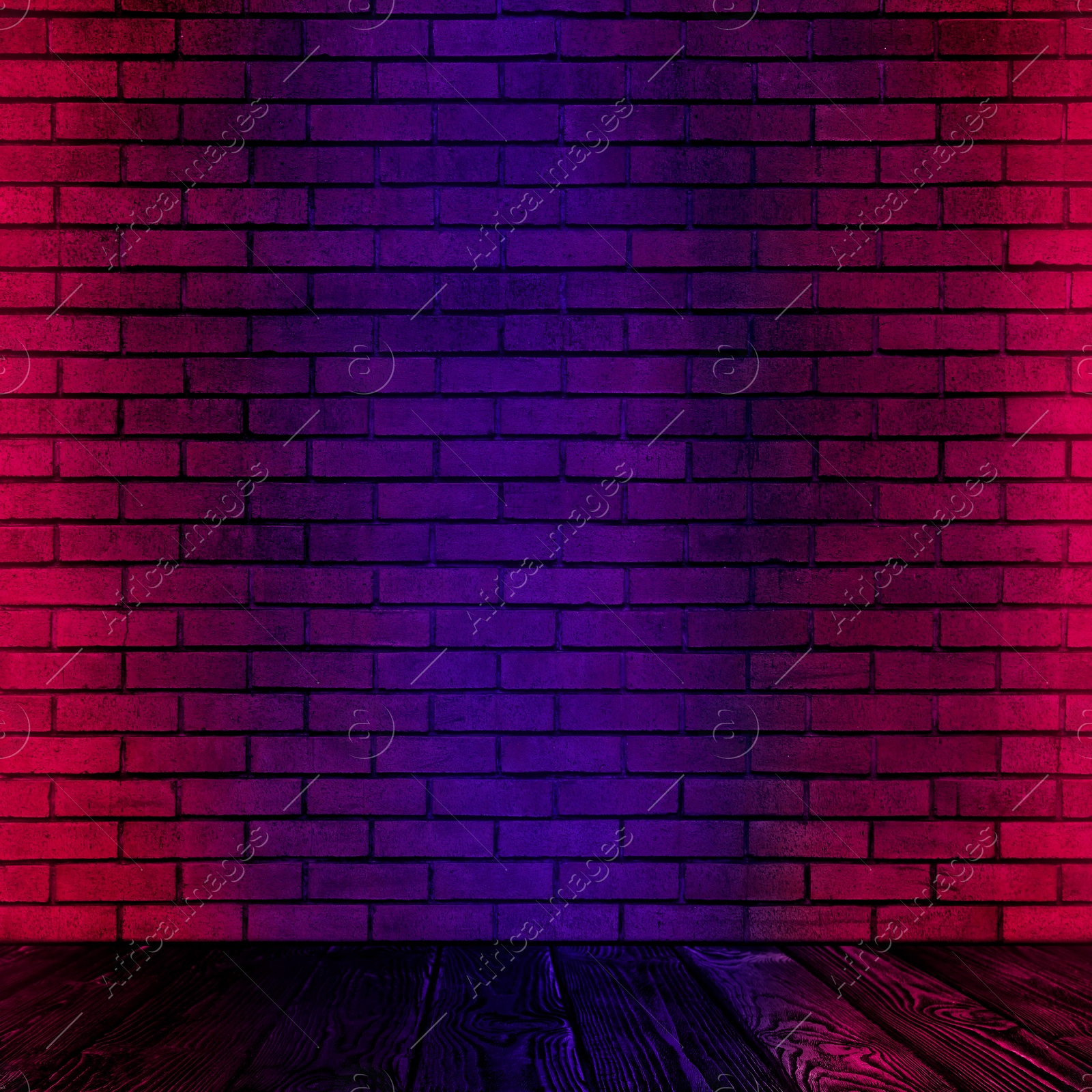 Image of Room with brick wall and wooden floor in neon lights