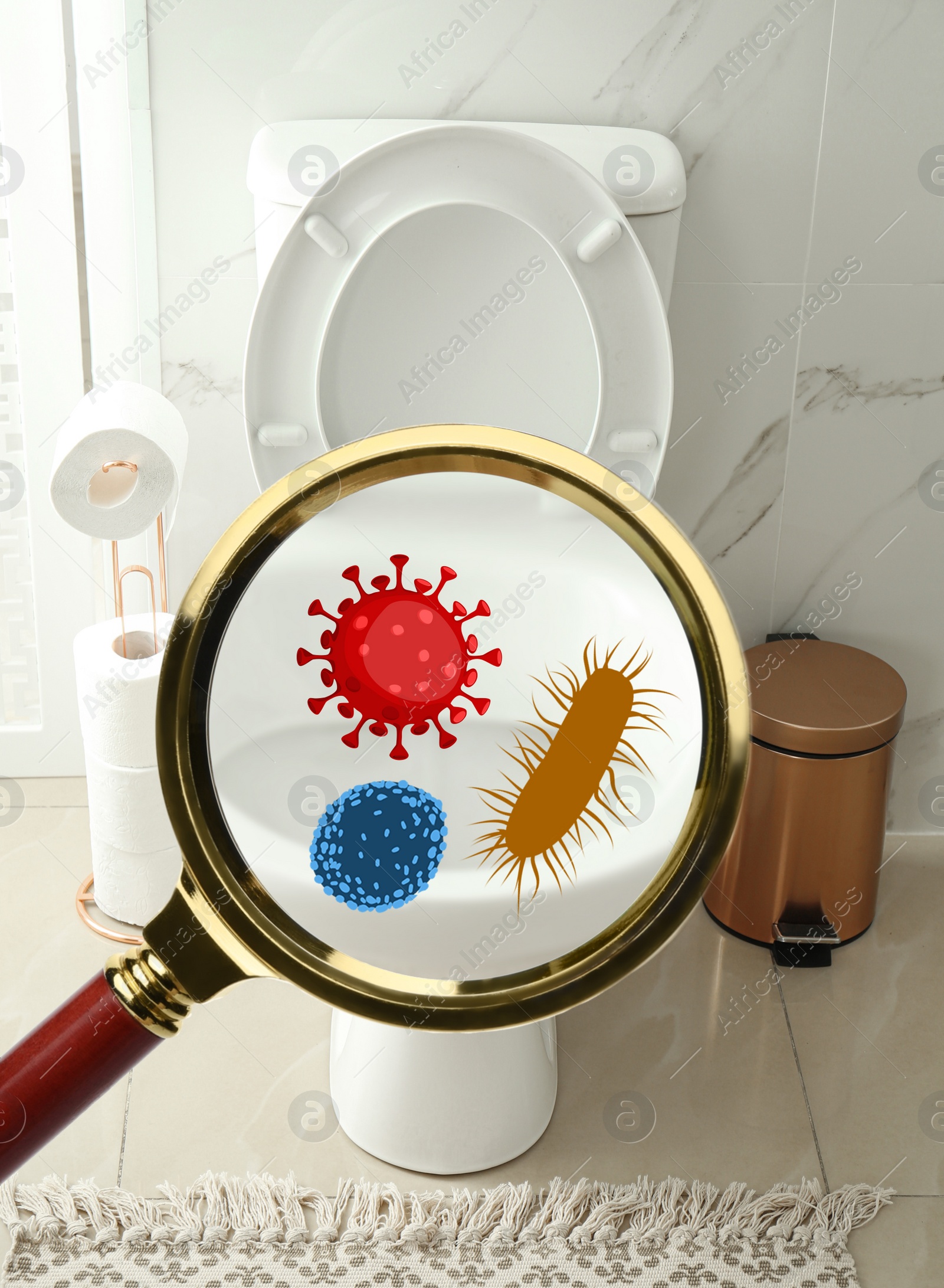 Image of Magnifying glass and illustration of microbes on toilet bowl in bathroom