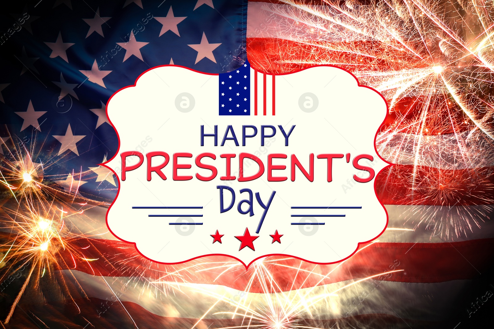 Image of Happy President's Day - federal holiday. National American flag and fireworks
