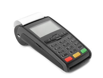 Photo of New modern payment terminal on white background