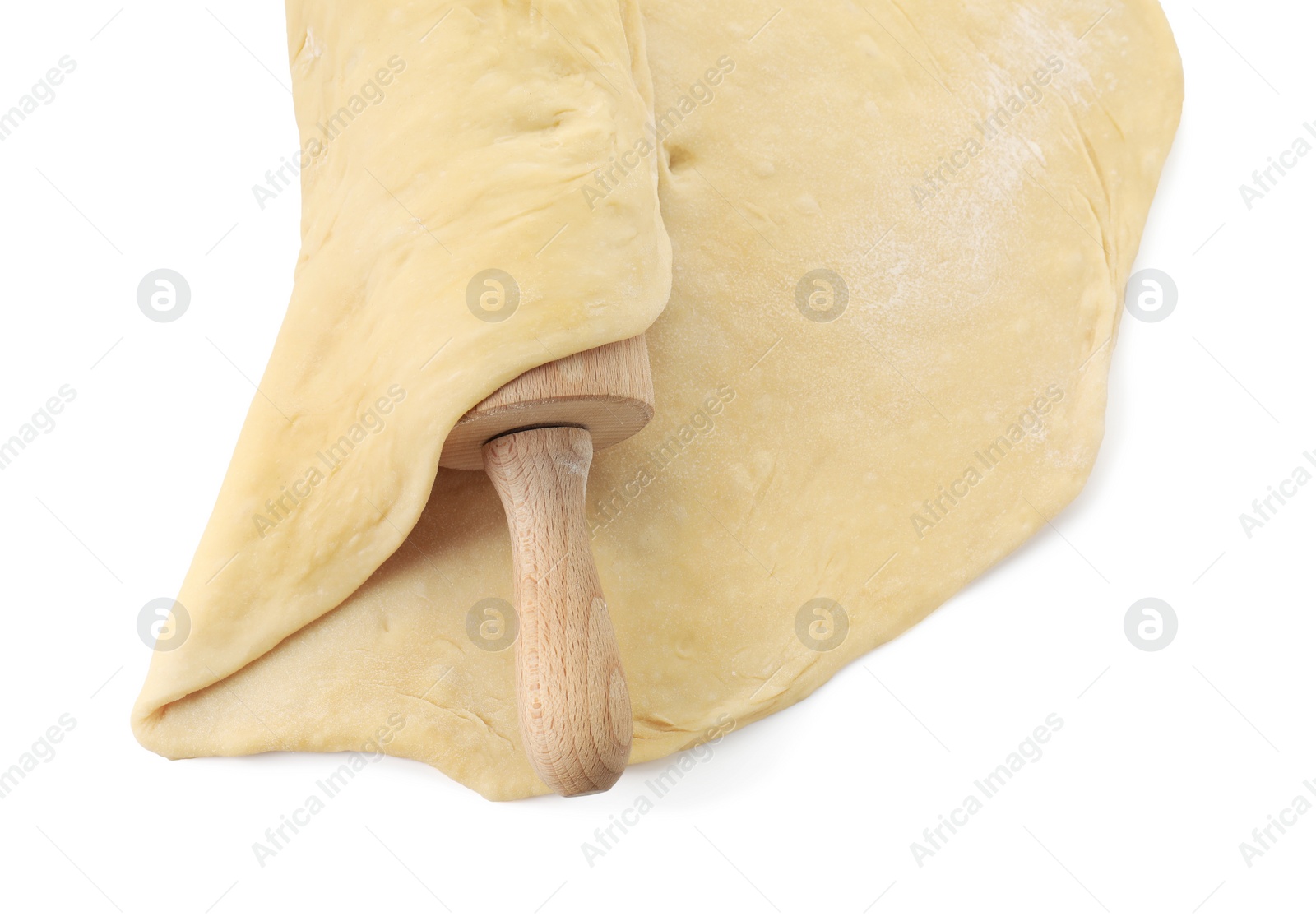 Photo of Raw dough and rolling pin isolated on white