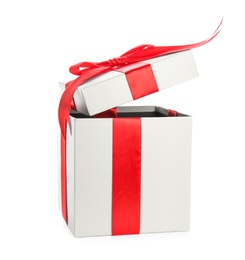 Photo of Beautifully decorated gift box on white background