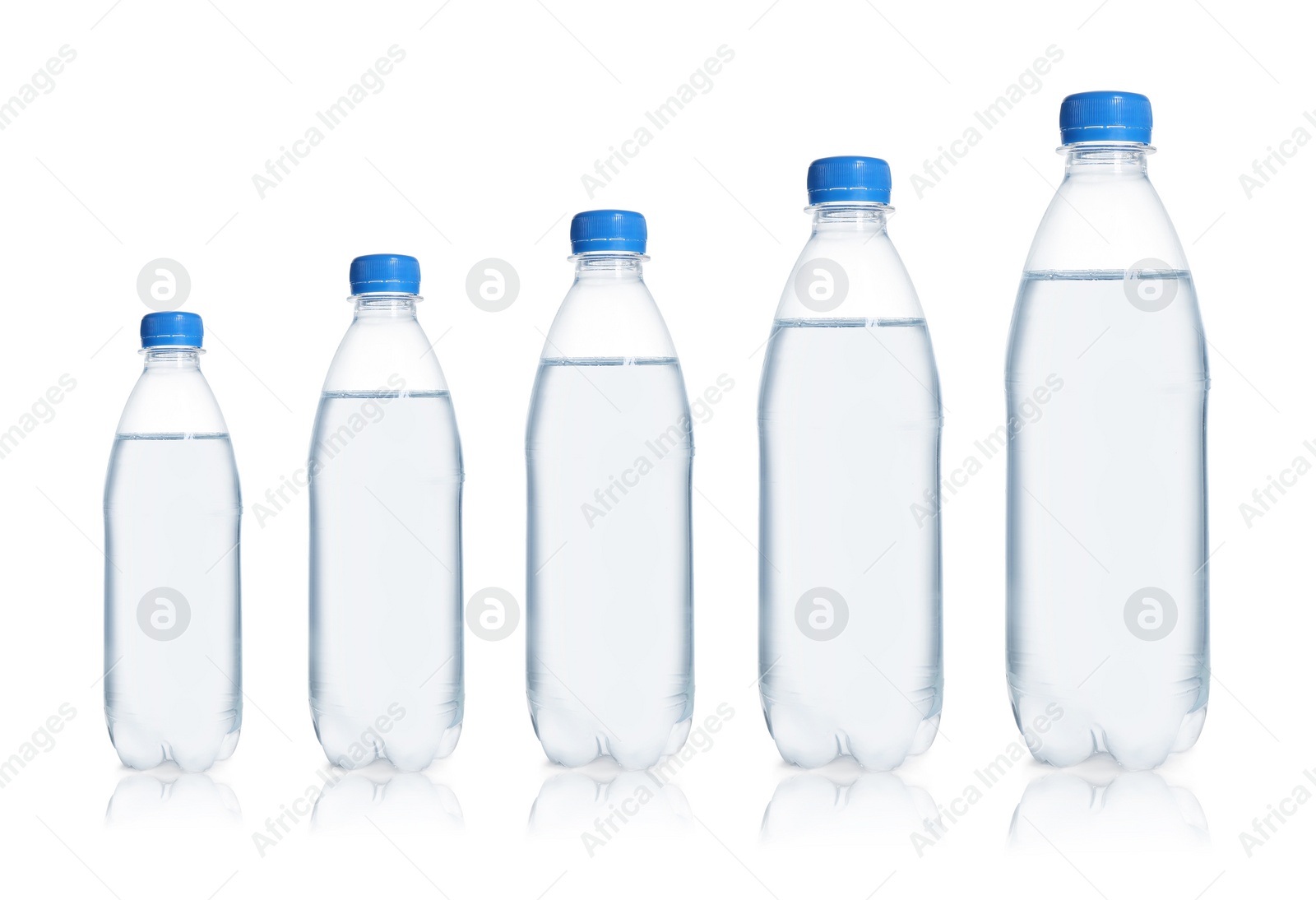 Image of Set with different bottles of pure water on white background 