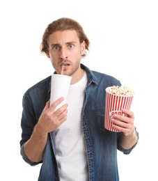 Man with popcorn and beverage during cinema show on white background