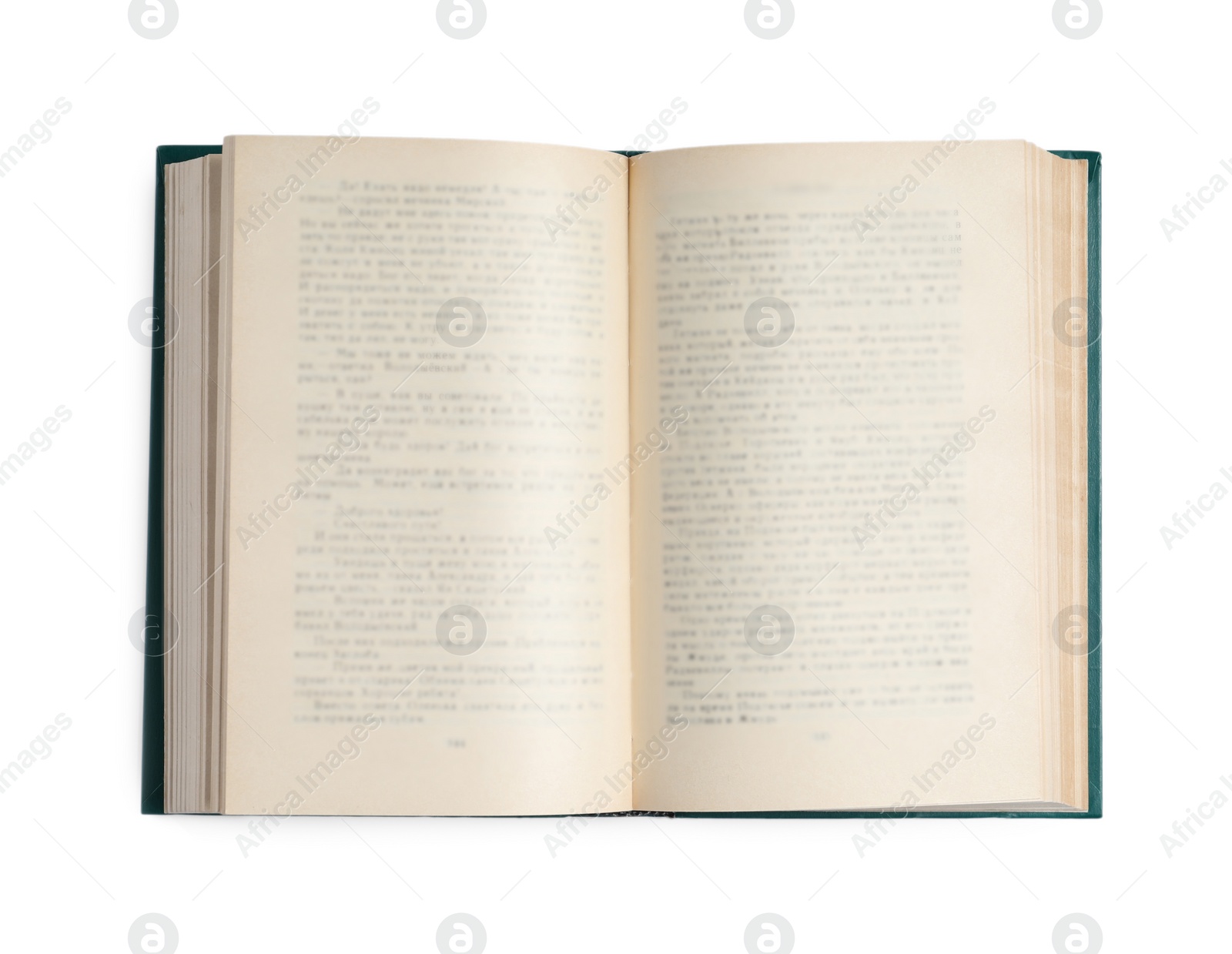 Photo of Old open hardcover book isolated on white, top view