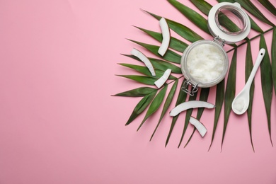 Photo of Flat lay composition with coconut oil on color background. Healthy cooking