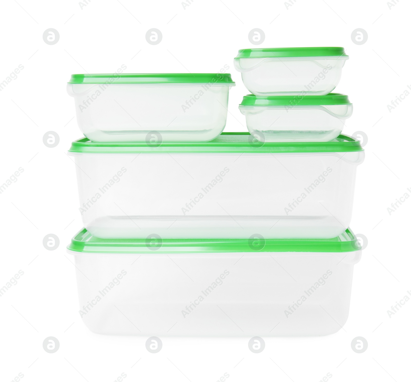 Photo of Empty plastic containers on white background. Food storage