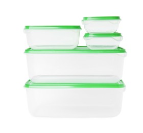 Photo of Empty plastic containers on white background. Food storage