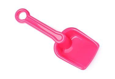 Pink plastic toy shovel isolated on white, top view