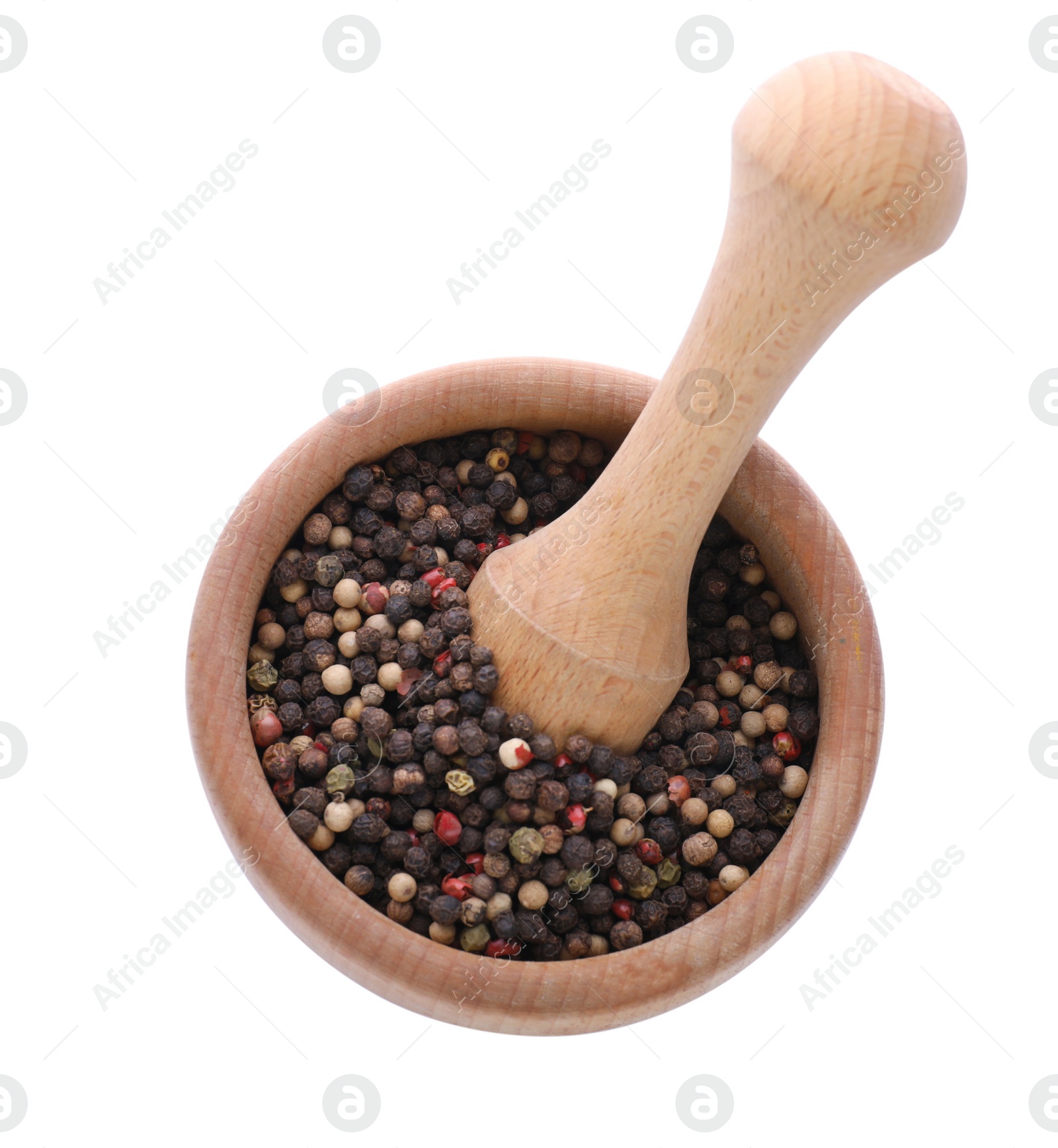 Photo of Mortar with pestle and peppercorns on white background, top view