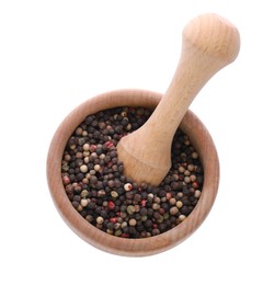 Photo of Mortar with pestle and peppercorns on white background, top view