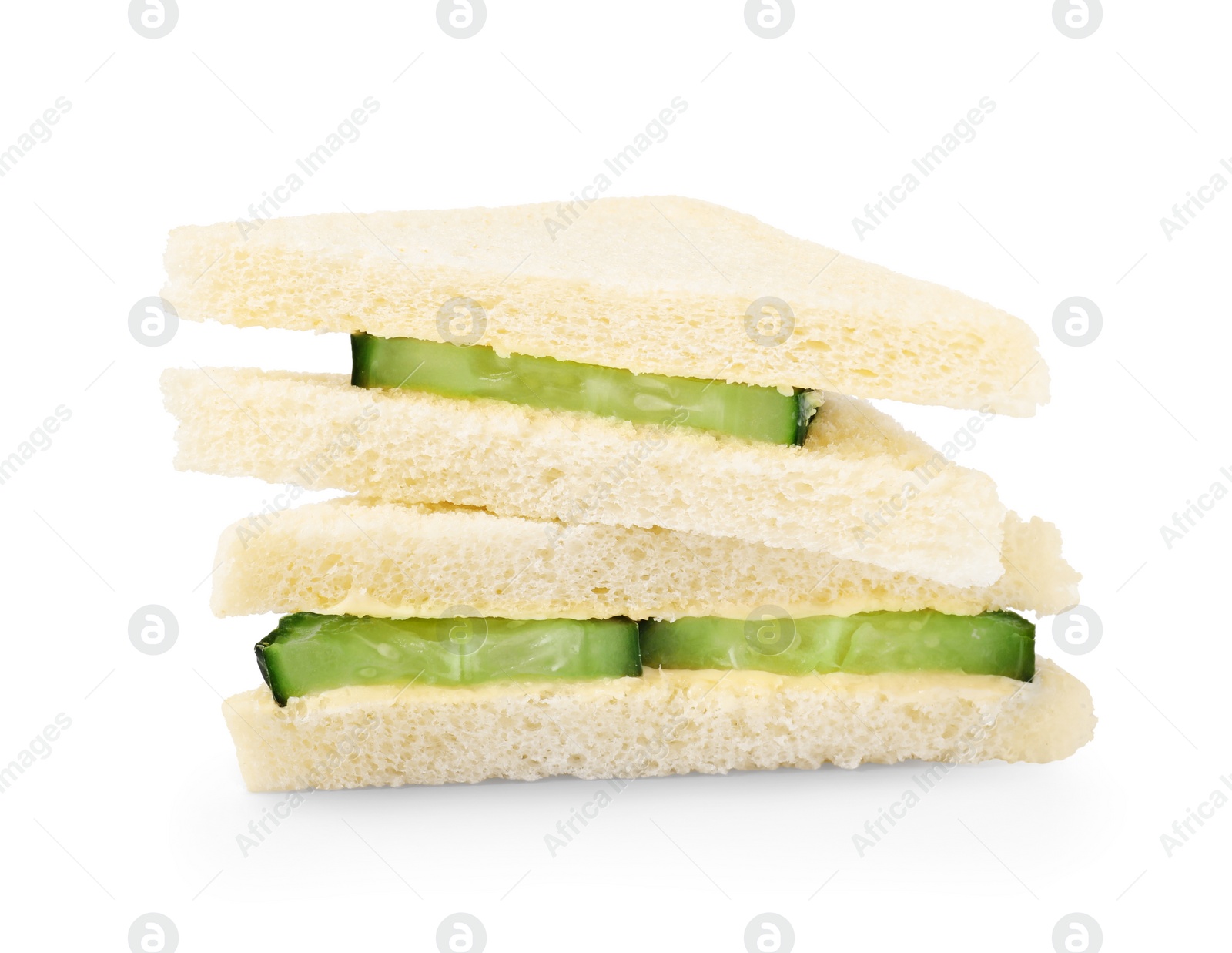 Photo of Tasty sandwiches with cucumber and butter isolated on white