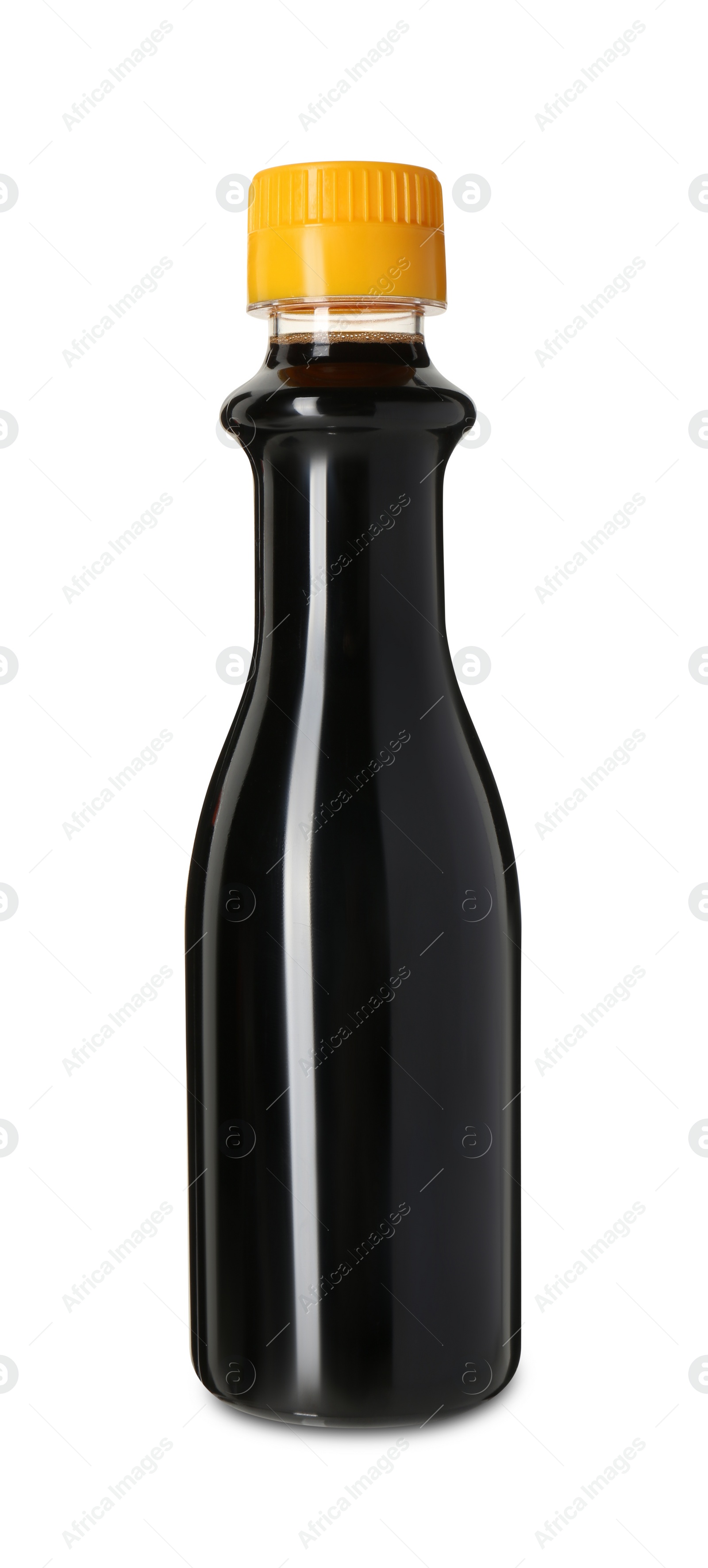 Photo of Tasty soy sauce in bottle isolated on white