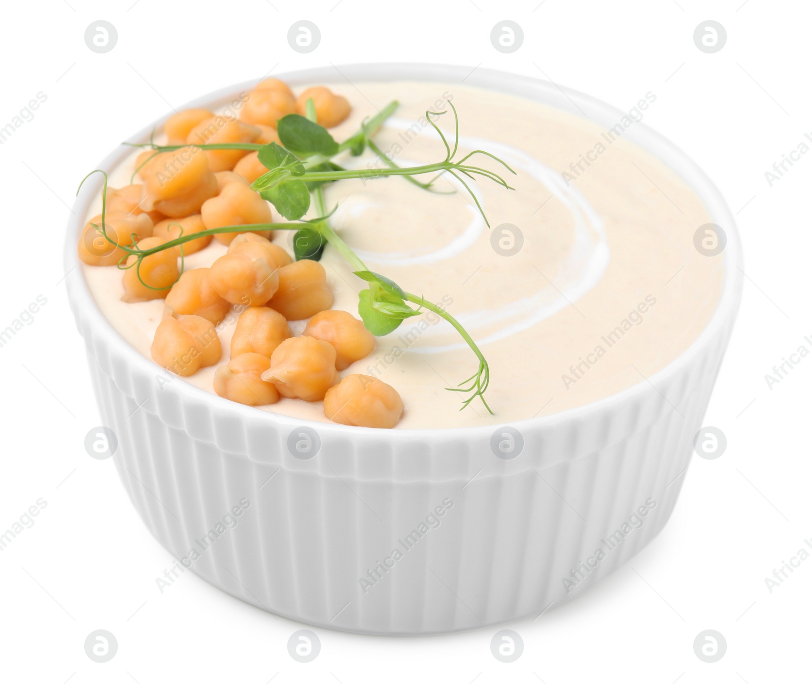 Photo of Tasty chickpea soup in bowl on white background