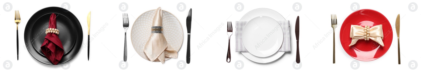 Image of Set with examples of different beautiful table settings on white background, top view. Banner design