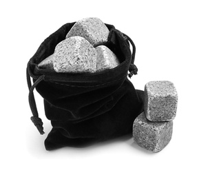 Photo of Bag with whiskey stones on white background