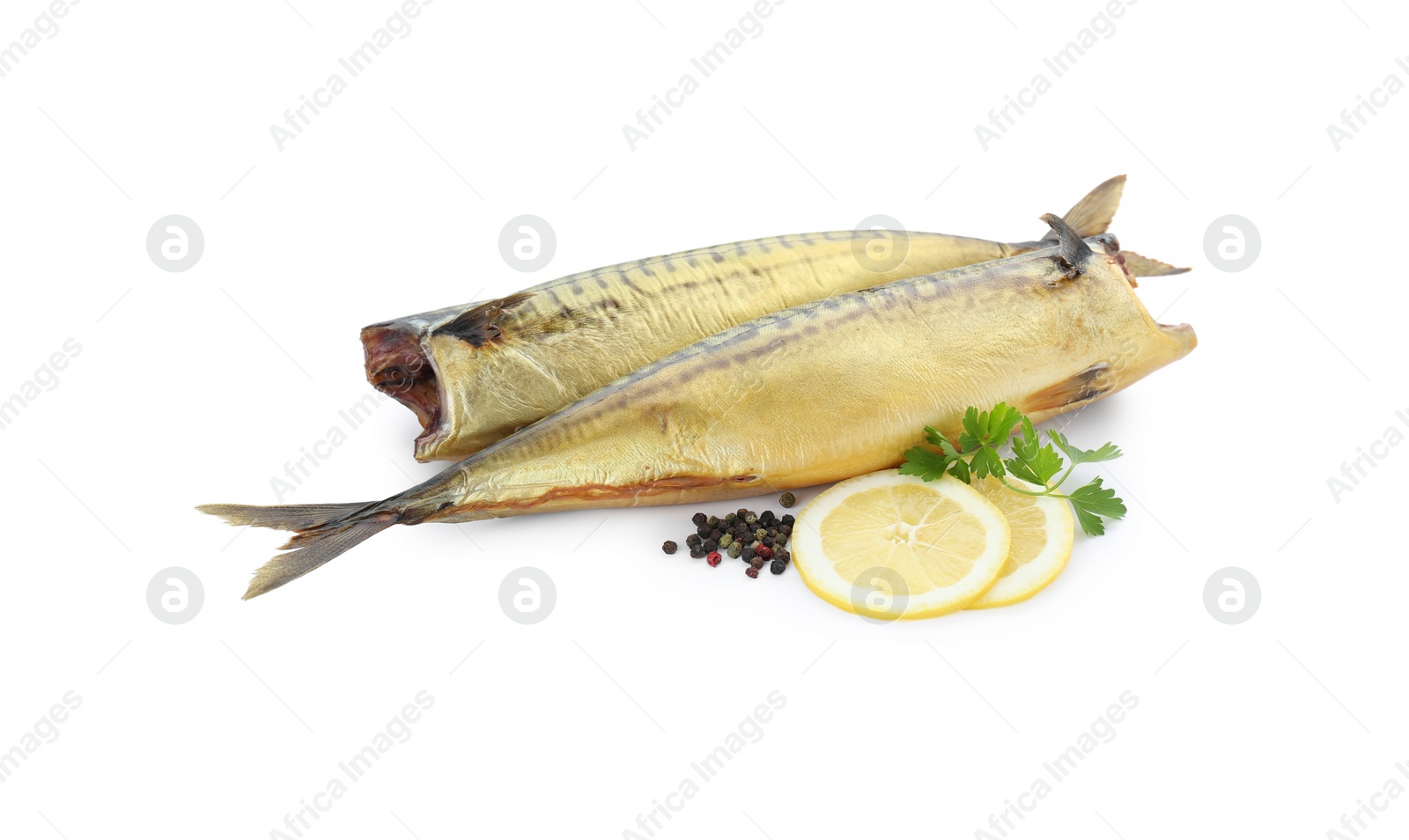 Photo of Delicious smoked mackerels, lemon slices and spices on white background