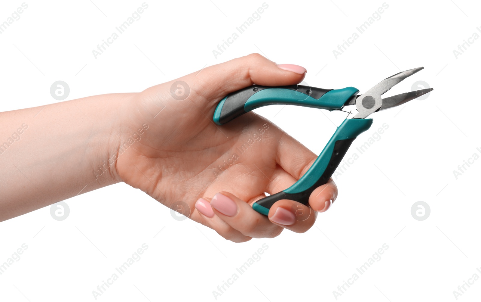 Photo of Woman with bent nose pliers on white background, closeup