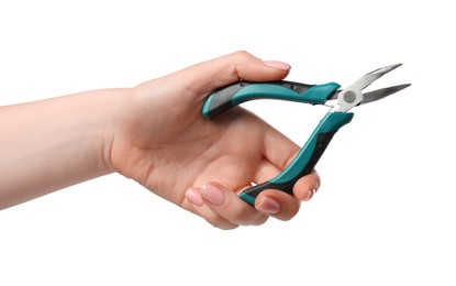 Photo of Woman with bent nose pliers on white background, closeup