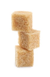Photo of Stack with cubes of brown sugar on white background