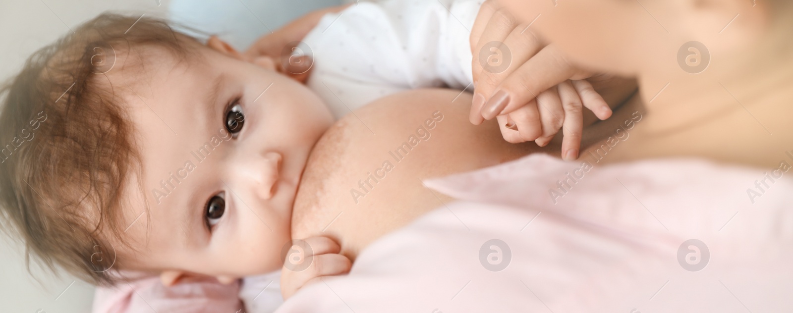 Image of Young woman breast feeding her little baby at home, closeup. Banner design