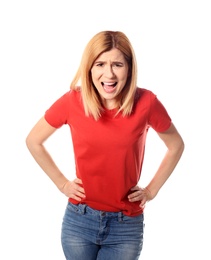 Portrait of emotional woman on white background