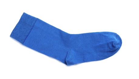 Photo of New blue sock isolated on white, top view