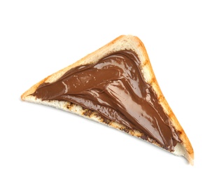 Photo of Slice of bread with chocolate paste on white background, top view