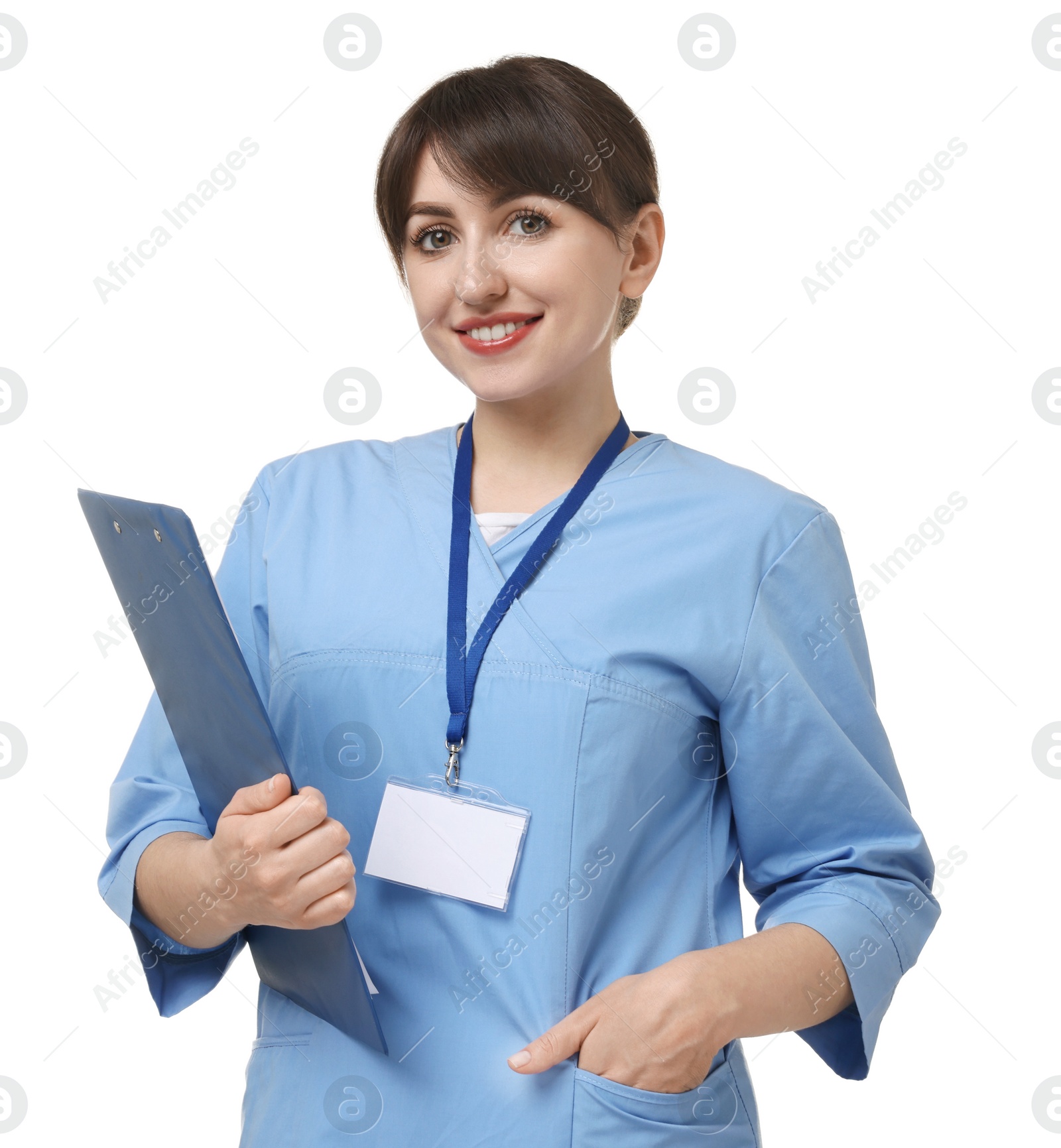 Photo of Portrait of smiling medical assistant with clipboard on white background