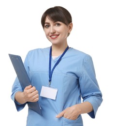 Portrait of smiling medical assistant with clipboard on white background