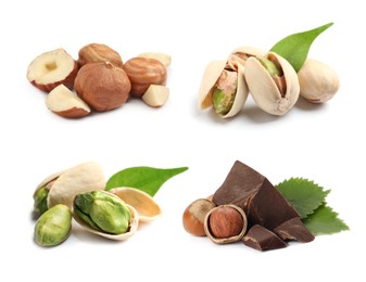 Image of Tasty pistachio nuts and hazelnuts isolated on white, set