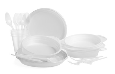 Photo of Setdisposable tableware on white background