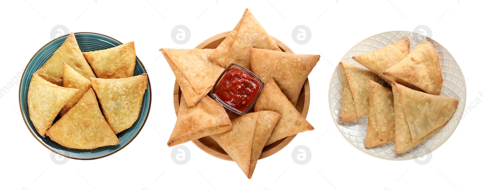 Image of Set with crispy delicious samosas on white background, top view. Banner design