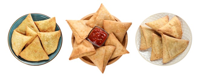 Image of Set with crispy delicious samosas on white background, top view. Banner design