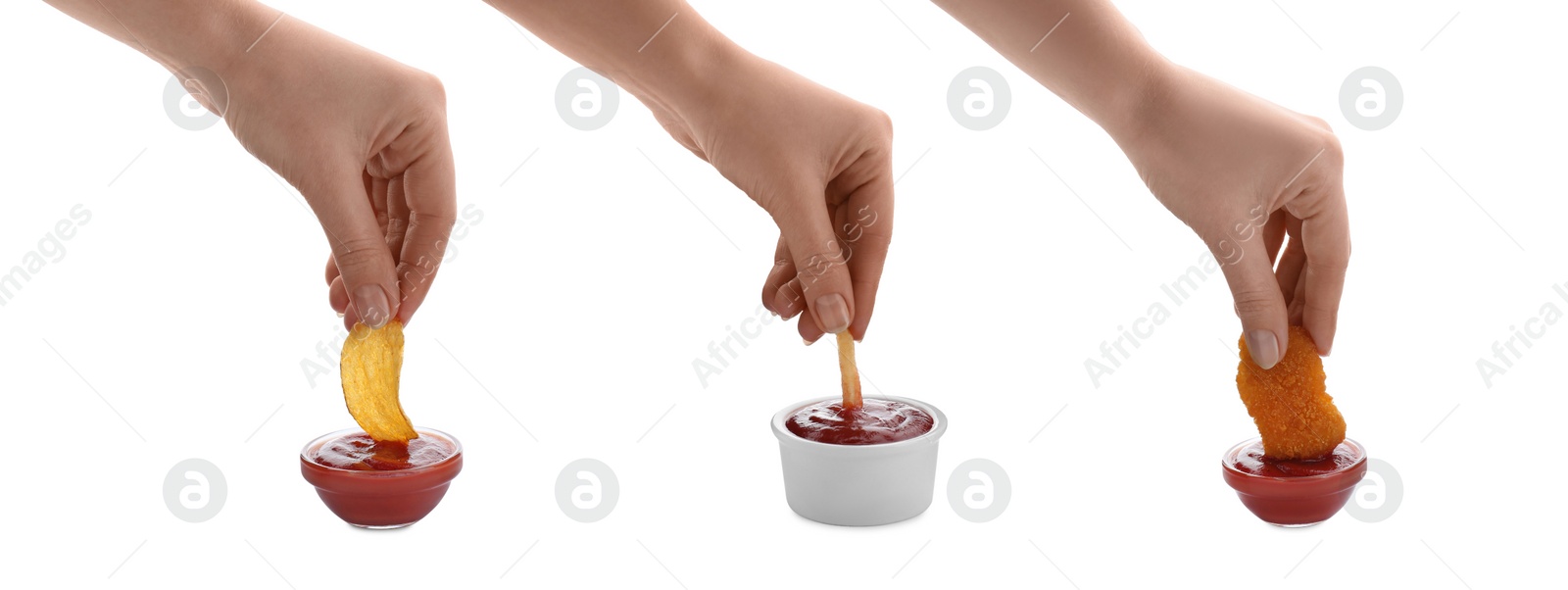 Image of Women dipping different snacks into ketchup on white background, closeup. Collage design