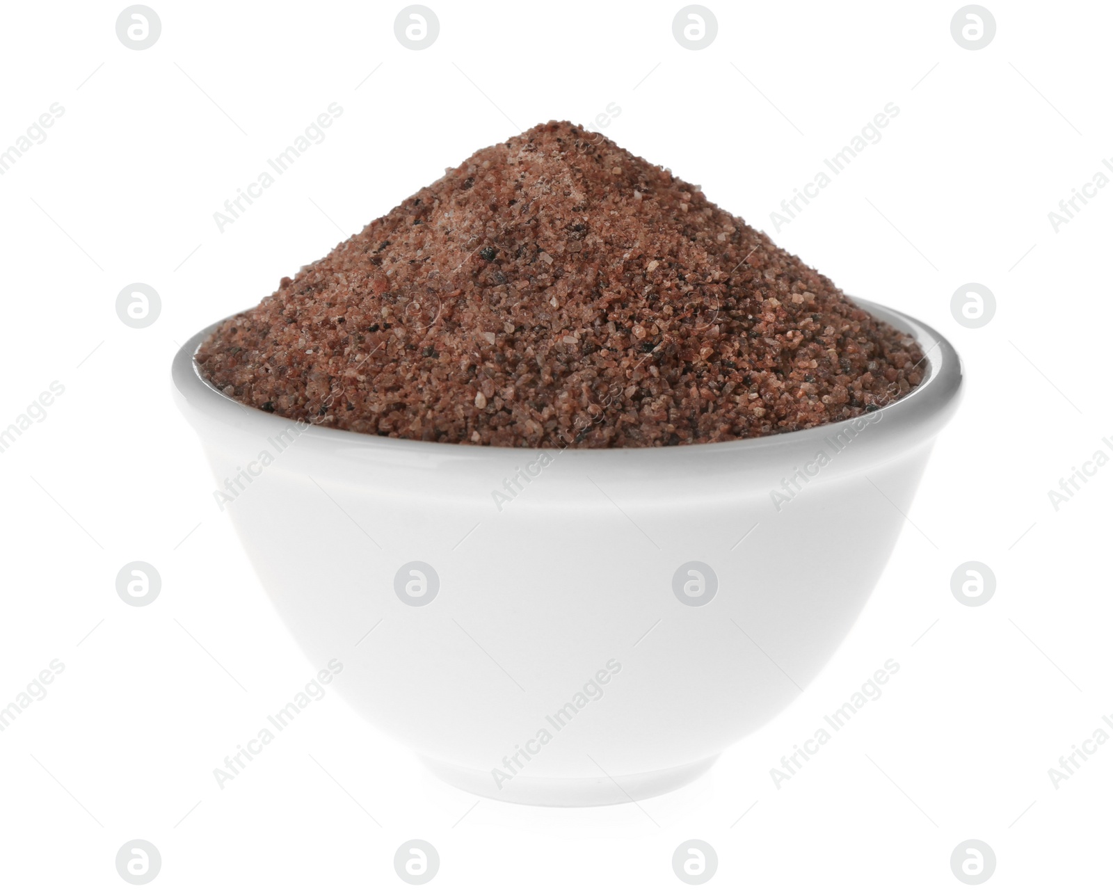 Photo of Ground black salt in bowl isolated on white