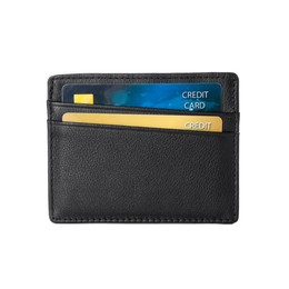 Photo of Black card holder with plastic credit cards isolated on white