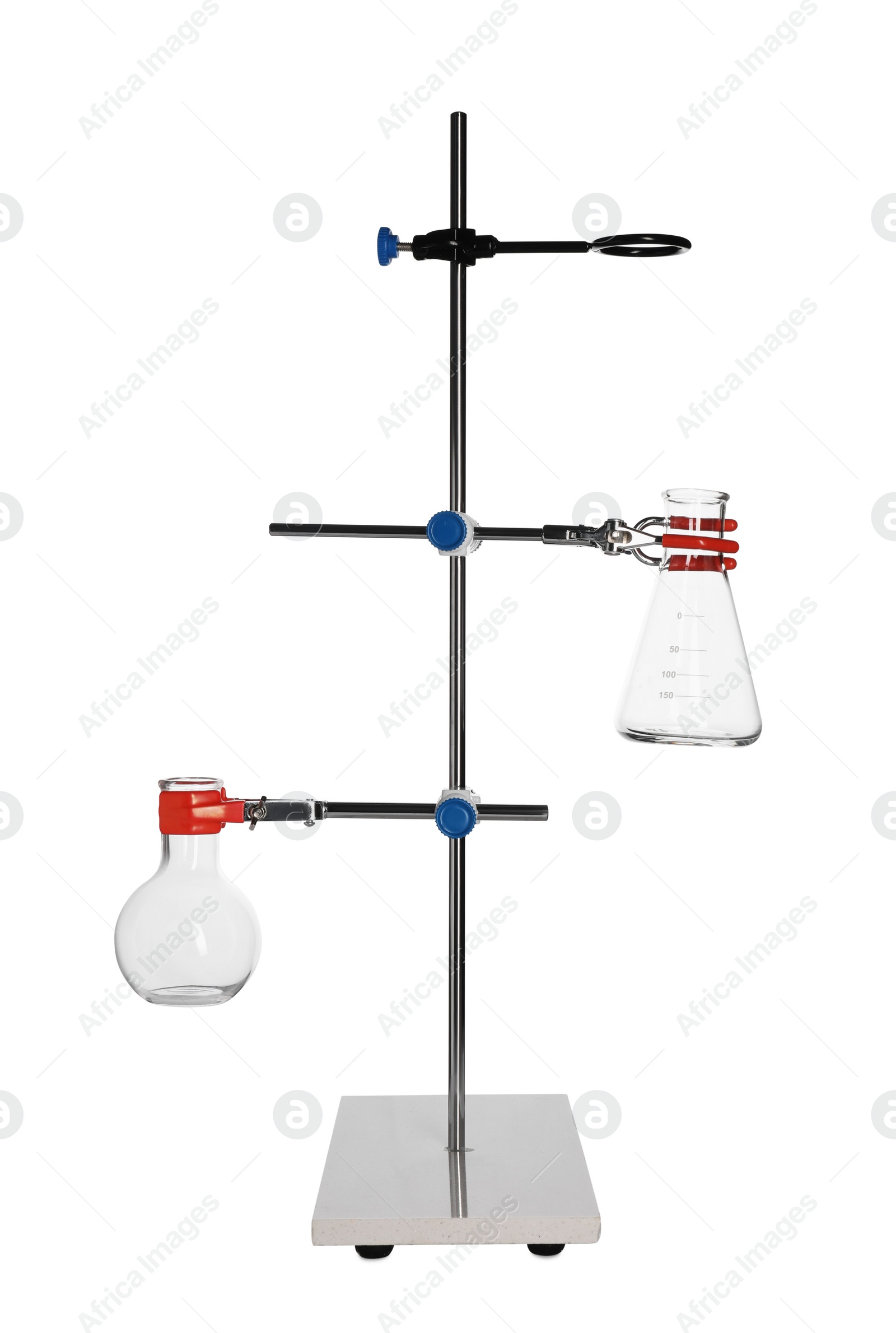 Photo of Retort stand with empty flasks isolated on white