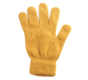 Yellow woolen glove isolated on white, top view. Winter clothes