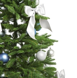 Beautifully decorated Christmas tree on white background, closeup