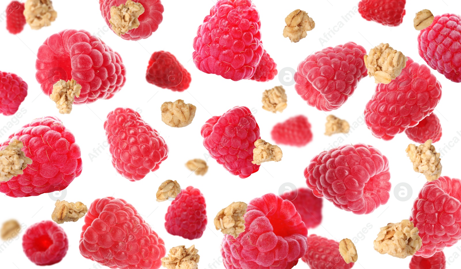 Image of Delicious granola and raspberries falling on white background. Banner design 