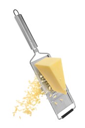 Image of Grating cheese with hand grater in air on white background