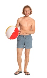 Photo of Attractive young man in beachwear with colorful inflatable ball on white background