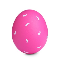 Photo of Painted pink egg with pattern isolated on white. Happy Easter