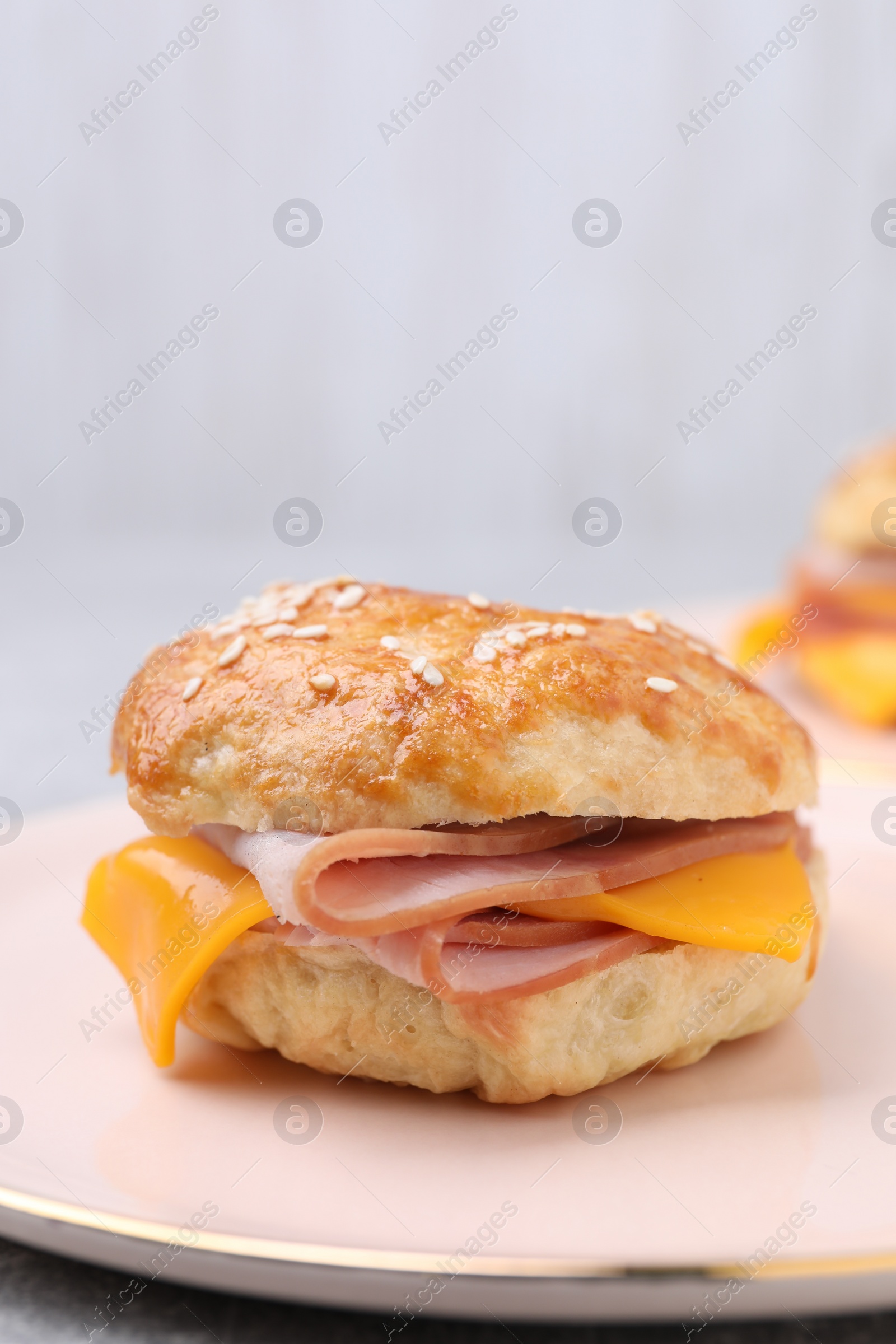 Delicious bagel with ham and cheese on light grey table, closeup Photo of Delicious bagel with ham and cheese on light grey table, closeup