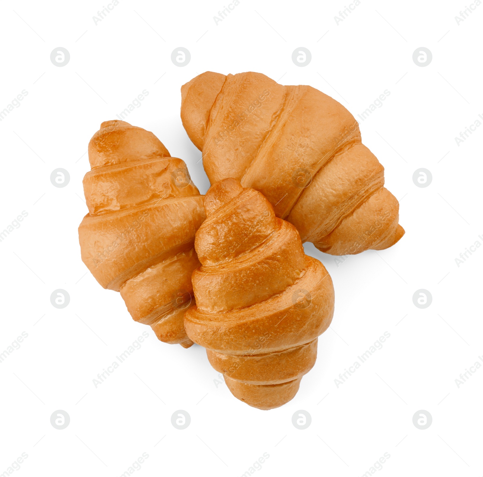 Photo of Delicious fresh croissants isolated on white, top view