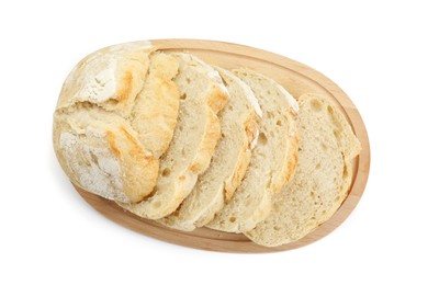 Photo of Freshly baked cut sourdough bread isolated on white, top view