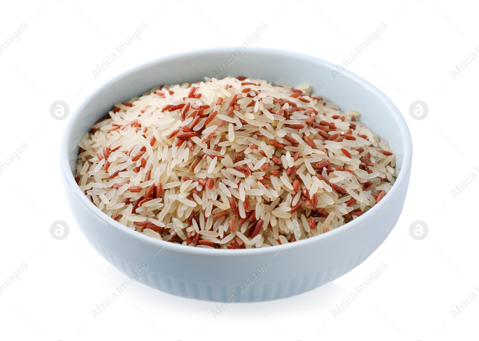 Photo of Mix of brown and polished rice in bowl isolated on white